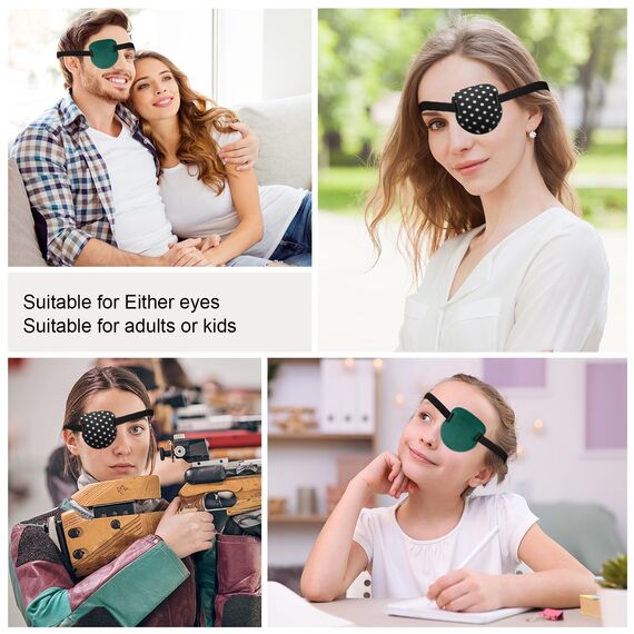 3D-Augenklappen für Erwachsene und Kinder, verstellbare medizinische Augenklappe für rechtes oder linkes Auge, eine Augenabdeckung für Amblyopie, Faules Auge, Piratenkostüm (grün, Punkte), 2 Stück