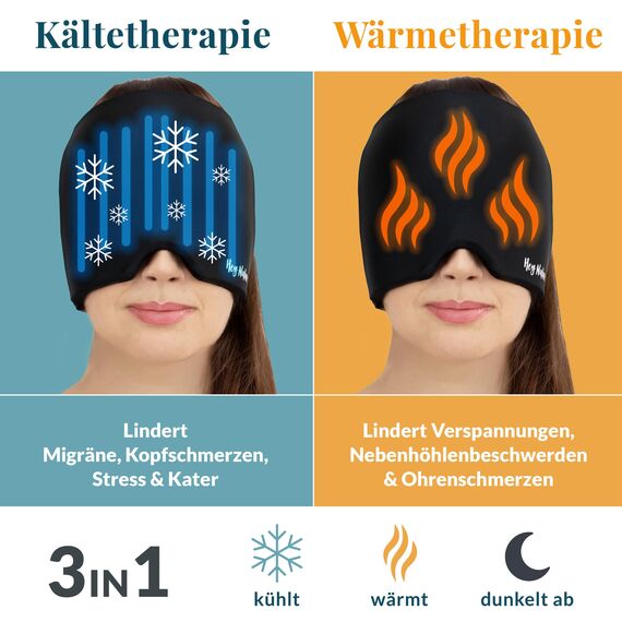 Hey Nature Migräne Maske, kühlende Schlafmaske - schnelle, natürliche Hilfe bei Migräne, Kopfschmerzen, Sinusitis, Ohrenschmerzen & geschwollenen Augen. Kalt & warm anwendbar. Kühlpads für den Kopf.