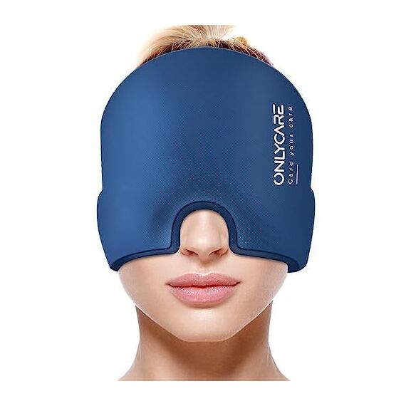 ONLYCARE Migräne Maske, Upgraded Migräne Kühlmaske Schlafmaske Kühlmütze Kühlhaube 360° Gel Surround kühlpads zur Linderung von Migräne, Kopfschmerzen