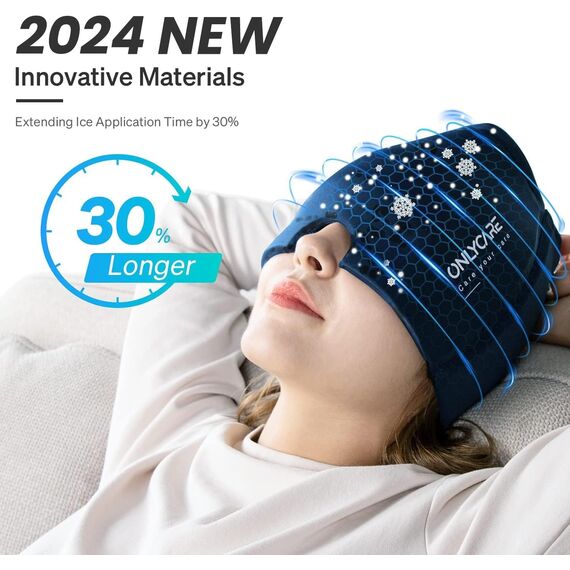 ONLYCARE Migräne Maske, Upgraded Migräne Kühlmaske Schlafmaske Kühlmütze Kühlhaube 360° Gel Surround kühlpads zur Linderung von Migräne, Kopfschmerzen