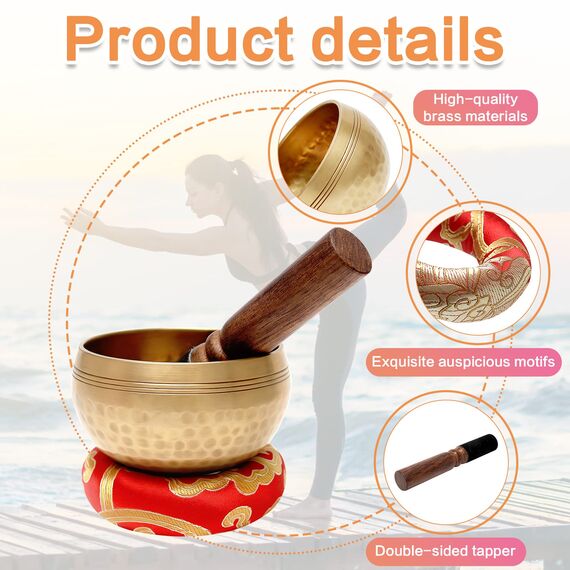UMILKI Tibetisches Klangschalen Set,Meditationsklangschale,Ø 8.6cm Hand gehämmert Messing Klangschale Holz Klöppel,Klangschalenkissen& 2Pcs Messingglocke Yoga Meditation,Gold/Holzfarbe,YG-6