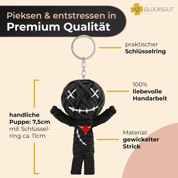 GLÜCKSGUT® Voodoo Puppe mit Nadeln | 7,5cm | Geschenkbox & Anleitung | Scherz-Medikament | Büro Geschenk für Kollegen Kollegin Chef | Anti Stress | Abschied | Büro Uni Studium
