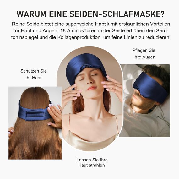 LitBear Schlafmaske Seide für Seitenschläfer, 100% 22 Momme reine Maulbeerseide, Gesicht anpassende gepolsterte Seiden Augenbinde mit verstellbarem Kopfband für Frauen & Herren (Mitternachtsblau)