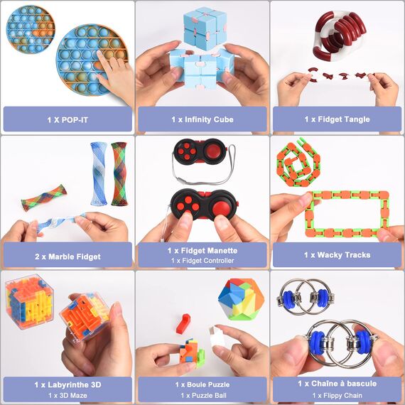 Fidget Toys Set – Anti Stress Spielzeug für Erwachsene und Kinder – French Way Skills Set zur Stressbewältigung und Konzentrationssteigerung – Enthält Pop It Stressball Fidget Cube und Akupressur Ring