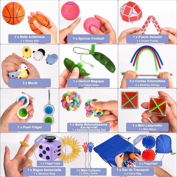 Fidget Toys Set – Anti Stress Spielzeug für Erwachsene und Kinder – French Way Skills Set zur Stressbewältigung und Konzentrationssteigerung – Enthält Pop It Stressball Fidget Cube und Akupressur Ring
