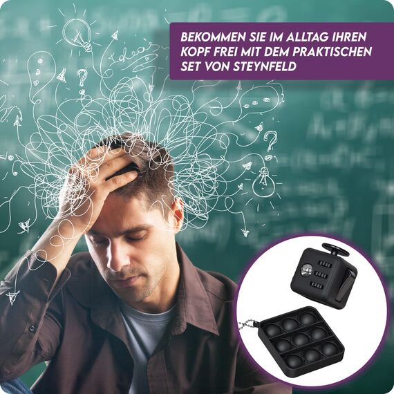 Steynfeld® - Fidget Set mit Fidget Cube inkl. gratis Fidget Popper, schwarz, Fidget Würfel, Fidget popit, ADHS Anti-Stress, Stressabbau, Anti Angst & Nervosität, Konzentrationshilfe
