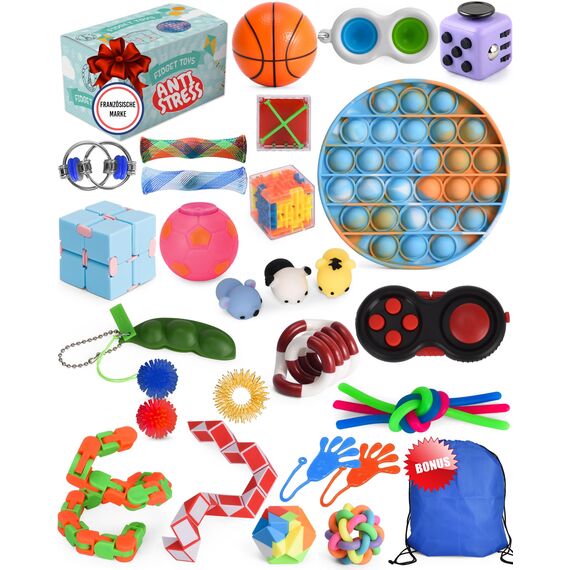Fidget Toys Set – Anti Stress Spielzeug für Erwachsene und Kinder – French Way Skills Set zur Stressbewältigung und Konzentrationssteigerung – Enthält Pop It Stressball Fidget Cube und Akupressur Ring