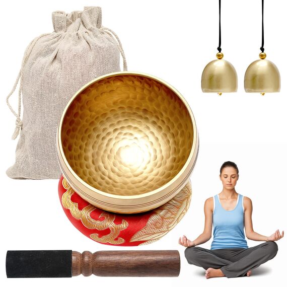 UMILKI Tibetisches Klangschalen Set,Meditationsklangschale,Ø 8.6cm Hand gehämmert Messing Klangschale Holz Klöppel,Klangschalenkissen& 2Pcs Messingglocke Yoga Meditation,Gold/Holzfarbe,YG-6
