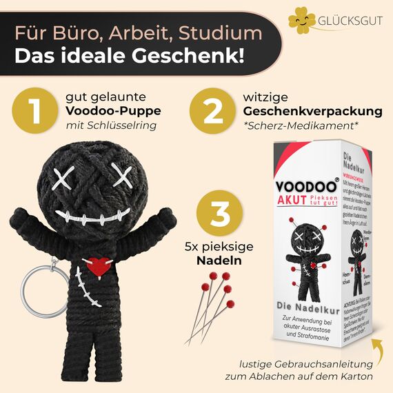 GLÜCKSGUT® Voodoo Puppe mit Nadeln | 7,5cm | Geschenkbox & Anleitung | Scherz-Medikament | Büro Geschenk für Kollegen Kollegin Chef | Anti Stress | Abschied | Büro Uni Studium