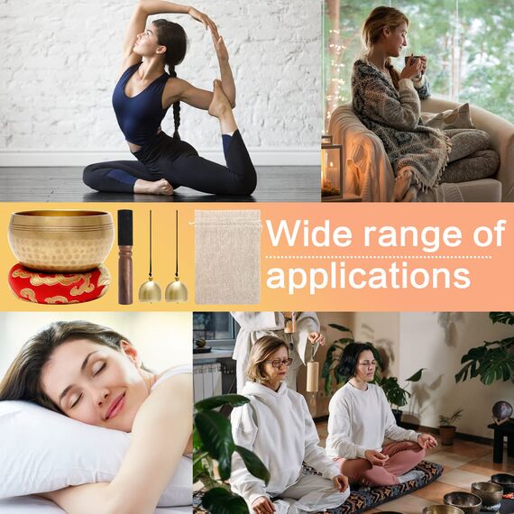 UMILKI Tibetisches Klangschalen Set,Meditationsklangschale,Ø 8.6cm Hand gehämmert Messing Klangschale Holz Klöppel,Klangschalenkissen& 2Pcs Messingglocke Yoga Meditation,Gold/Holzfarbe,YG-6