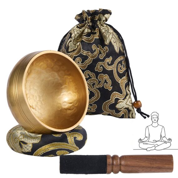 alasemo Tibetische Klangschalen Set Ø8cm, Klangschale klein für Yoga Meditation und Entspannung, Hand gehämmert Messing Singing Bowl mit Holz Klöppel Klangschalenkissen und Aufbewahrungsbeutel