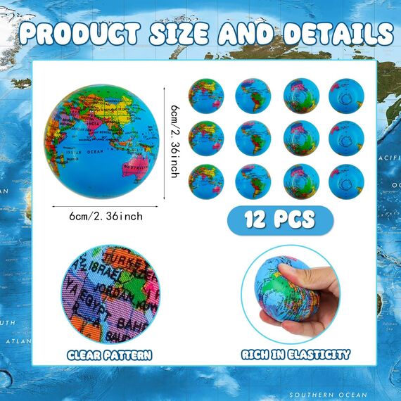 12 Stück Stressbälle, Stressball Weltkugel, Antistressball, Stressball Globus, Schaumstoffbälle, Knautschball, Fußball Stressbälle, Anti Stress Spielzeug für Kinder und Erwachsene