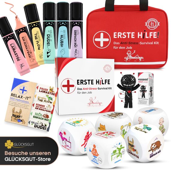 GLÜCKSGUT® Voodoo Puppe mit Nadeln | 7,5cm | Geschenkbox & Anleitung | Scherz-Medikament | Büro Geschenk für Kollegen Kollegin Chef | Anti Stress | Abschied | Büro Uni Studium