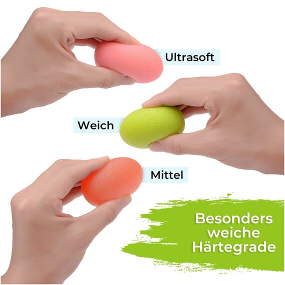 KLEINTOBER Eiförmige Antistressbälle | 3 Stück Griffbälle für Entspannung, als Fingertrainer und für die Motorik, verschiedene Härtegrade | Anti-Stress-Ball