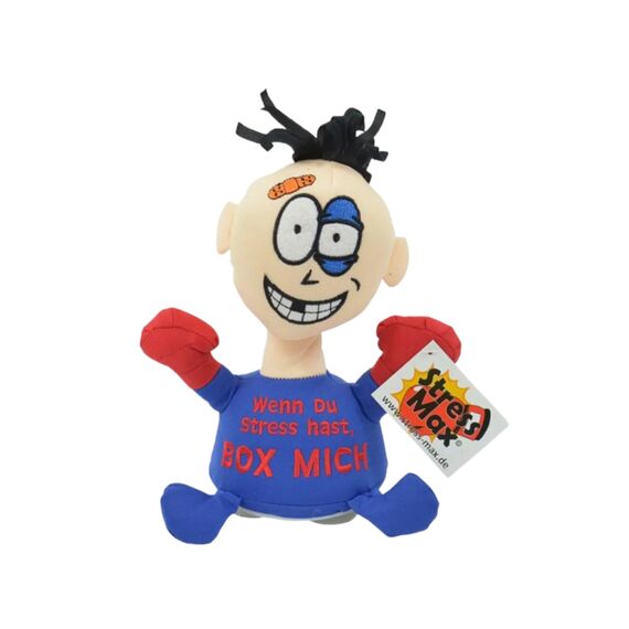 Kögler 75561 - Stoffpuppe Stress - Max mit Aufdruck, Figur mit Saugnäpfen an der Unterseite, ideal zum Abbau von Stress, Wut und Aggressionen, Blauen