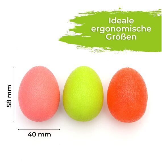 KLEINTOBER Eiförmige Antistressbälle | 3 Stück Griffbälle für Entspannung, als Fingertrainer und für die Motorik, verschiedene Härtegrade | Anti-Stress-Ball