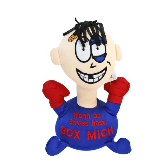 Kögler 75561 - Stoffpuppe Stress - Max mit Aufdruck, Figur mit Saugnäpfen an der Unterseite, ideal zum Abbau von Stress, Wut und Aggressionen, Blauen