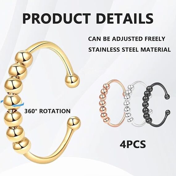 Katyjun 4 Stück Anxiety Ring, Anti Stress Ring, Edelstahl Stressring mit Perlen