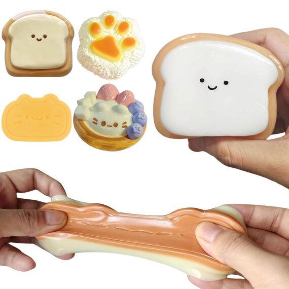 SSKHE 4 Stück Fufu Squishy Set: Kitten Egg Tarts, Karamell Käse, Reisball Cat Paws, Toast, Taba Squishy, niedliches Stressabbau-Spielzeug für alle Altersgruppen