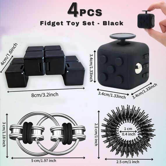 Steemjoey 4 Stück Fidget Toys Set, Anti-Stress Würfel Spielzeug, Infinity Cube, Key Flippy Chain, Finger Massageringe, Anti Stress Spielzeug Geburtstagsgeschenke für Erwachsene Kinder (Schwarz)
