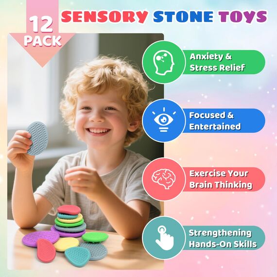 12 Stück Fidget Toys Sensory Stones, Texturierte Sorge Stein sensorische Spielzeug Kinder mit Autismus, Sensorik Spielzeug Anti Stress, Angst Relief sensorische Toy für Kinder und Erwachsene