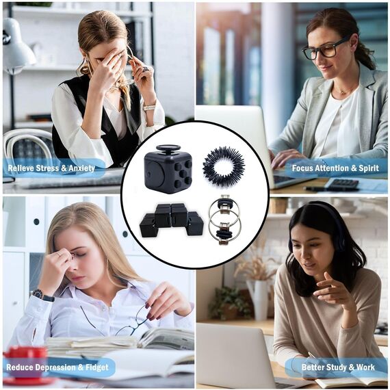 Steemjoey 4 Stück Fidget Toys Set, Anti-Stress Würfel Spielzeug, Infinity Cube, Key Flippy Chain, Finger Massageringe, Anti Stress Spielzeug Geburtstagsgeschenke für Erwachsene Kinder (Schwarz)
