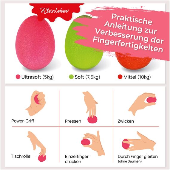 KLEINTOBER Eiförmige Antistressbälle | 3 Stück Griffbälle für Entspannung, als Fingertrainer und für die Motorik, verschiedene Härtegrade | Anti-Stress-Ball