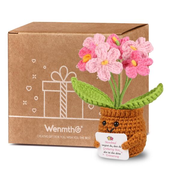 WenmthG Gestrickte Rosa Vergissmeinnicht Deutsch Glücksbringer Anti Stress Kleines Geschenk für Schwester Freundin Frauen Kollegen Freunde, Beste Freundin Geschenke Positive Kartoffel Deutsch Ersatz
