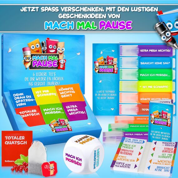 MACH MAL PAUSE® Anti Stress Würfel - der Bunte Stresswürfel mit 6 lustigen Aktionen zum Stressabbau ist das Geschenk für Kollegen Studenten Freunde - Büro Spielzeug für Mitarbeiter ohne Nerven