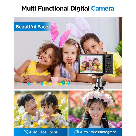 64GB Digitalkamera Kinder Fotokamera: 48MP Anti-Shake Kinderkamera Foto, Vlogging Fotoapparat für YouTube 16X Digital Zoom Appareil Foto Serienaufnahme Selfie Kompaktkamera für Fotografie