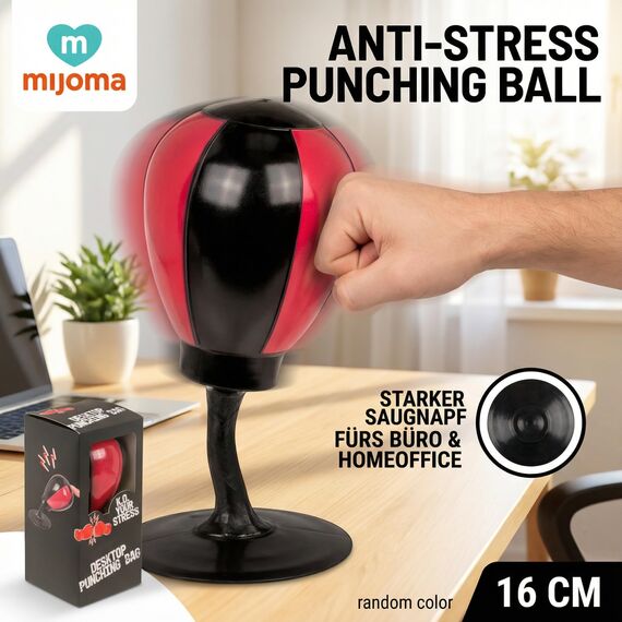 MIJOMA Schreibtisch Boxsack 16 cm – Anti-Stress Punching Ball mit Saugnapf, zufällige Farbe – Lustiger Stressabbau fürs Büro & Homeoffice