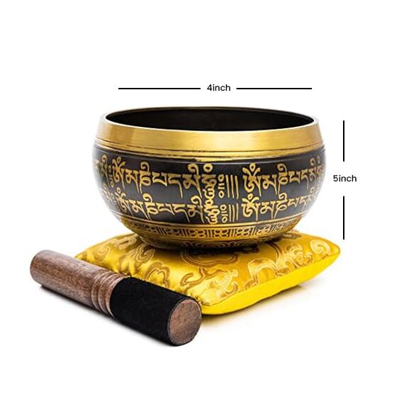 HIMALAYAN BAZAAR Tibetisches Klangschalen-Set, 10,2 cm, einfach zu spielen, authentisch, handgefertigt für Meditation, Klang, 7 Chakra-Heilung (Schwarz/Gelb, 10,2 cm)