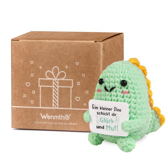 WenmthG Pocket Hug Kleiner Dino Glücksbringer Deutsch Dankeschön Geschenke für Freund Kollegin Frauen Männer, Glück Gestrickte Dino Anti Stress Geschenke Positive Kartoffel Deutsch Ersatz - 1 St