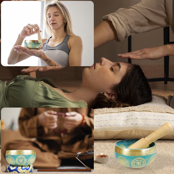 REGIS Tibetisches Klangschalen-Set, Achtsamkeits- und Stressabbau-Zen-Dekor, handgefertigt in Nepal für Heilung und Achtsamkeit, Himmelblau, 7,6 cm