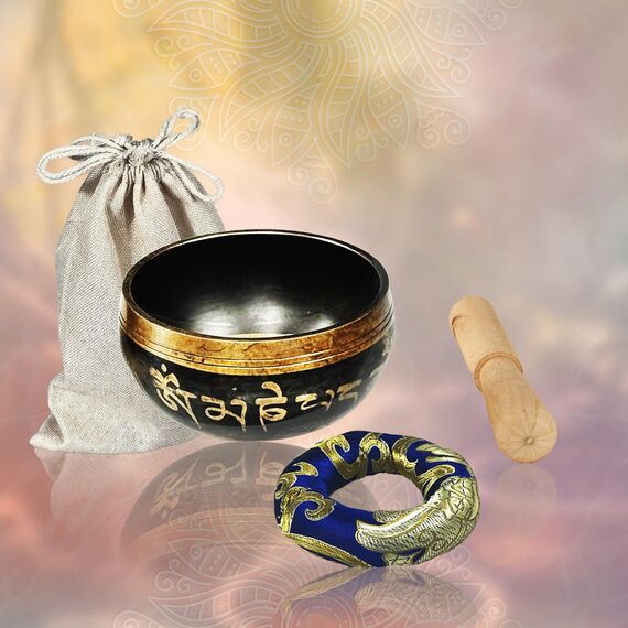 REGIS Tibetische Klangschalen-Set, Achtsamkeit und Stressabbau, Zen-Dekor, Schale handgefertigt in Nepal für Heilung und Achtsamkeit (Black, 3IN)