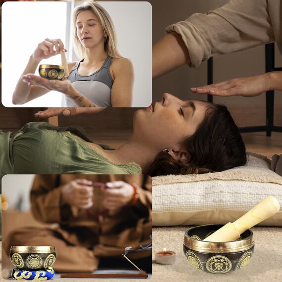 REGIS Tibetisches Klangschalen-Set, Achtsamkeit und Stressabbau, Zen-Dekor, Handgefertigte Schale aus Nepal für Heilung und Achtsamkeit (Braun, 7,6 cm)