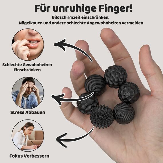 6 Stück Magnetische Sensorik Bälle Kugeln, Magnetische Stressbälle Magnetkugeln Stressball aus Silikon, Sensorik Spielzeug Fidget Bälle mit 6 Texturen, Anti-Stress Spielzeug für Erwachsene (Schwarz)