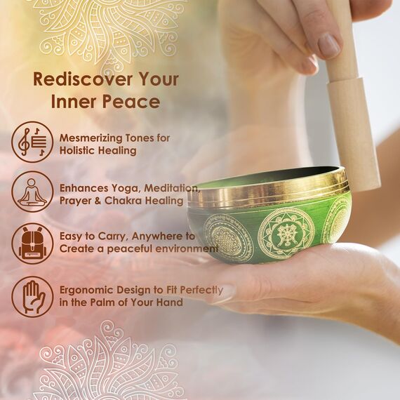 REGIS Tibetisches Klangschalen-Set, Achtsamkeits- und Stressabbau-Zen-Dekor, Schale handgefertigt in Nepal für Heilung und Achtsamkeit, Grün, 7,6 cm