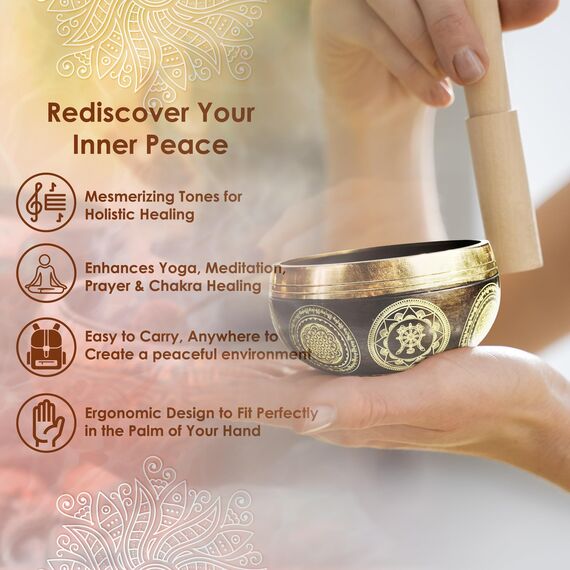 REGIS Tibetisches Klangschalen-Set, Achtsamkeit und Stressabbau, Zen-Dekor, Handgefertigte Schale aus Nepal für Heilung und Achtsamkeit (Braun, 7,6 cm)