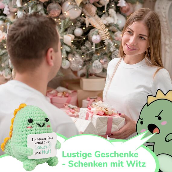 WenmthG Pocket Hug Kleiner Dino Glücksbringer Deutsch Dankeschön Geschenke für Freund Kollegin Frauen Männer, Glück Gestrickte Dino Anti Stress Geschenke Positive Kartoffel Deutsch Ersatz - 1 St