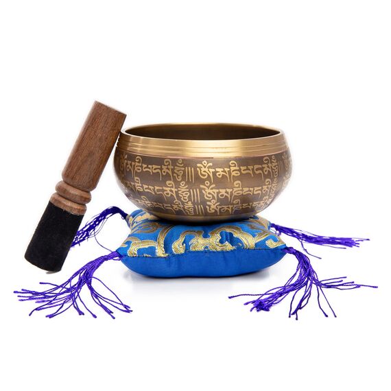 Tibetisches Klangschalen-Set – einfach zu spielen, authentisch handgefertigt für Meditation, Klangschale, Chakra, Yoga, Heilung, 10,2 cm, von Himalayan Bazaar (Braun und Blau)