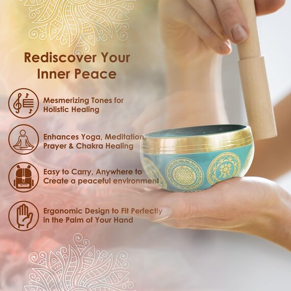 REGIS Tibetisches Klangschalen-Set, Achtsamkeits- und Stressabbau-Zen-Dekor, handgefertigt in Nepal für Heilung und Achtsamkeit, Himmelblau, 7,6 cm