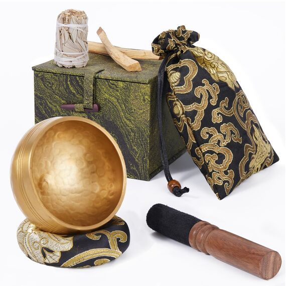 alasemo Tibetische Klangschalen Set Ø8cm mit Geschenkbox, Klangschale klein für Yoga Meditation Entspannung, Hand gehämmert Messing Singing Bowl, Präsentiert Palo Santo + Kalifornischer Weißer Salbei