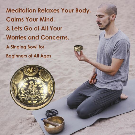 REGIS Tibetisches Klangschalen-Set, Achtsamkeit und Stressabbau, Zen-Dekor, Handgefertigte Schale aus Nepal für Heilung und Achtsamkeit (Braun, 7,6 cm)