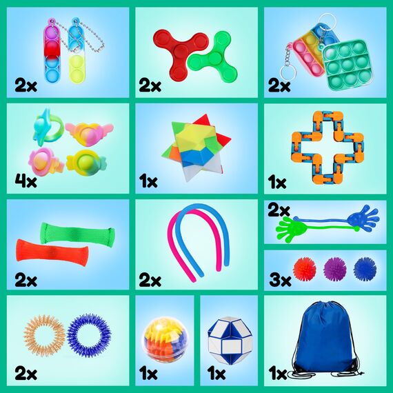Fidget Toys Set – Anti Stress Spielzeug für Kinder und Erwachsene – Skills Set zur Stressbewältigung und Konzentrationssteigerung – Autismus und ADHS Spielzeug mit Pop It Stressball Infinity Cube