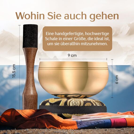 Silent Mind Klangschale Ø9 cm Bronze – Handgefertigtes Komplett-Set mit Kissen und Klöppel, für Anfänger geeignet, klarer stabiler Klang, ideal für Meditation und Achtsamkeit