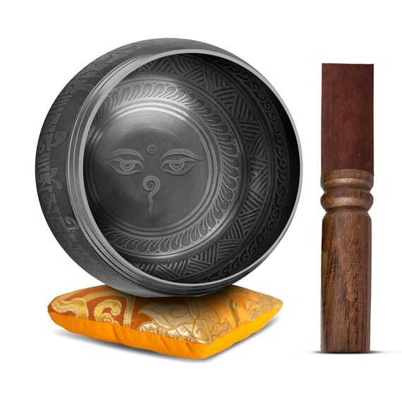 Himalayan Bazaar Tibetisches Klangschalen-Set, einfach zu spielen, authentisch, handgefertigt für Meditation, Klangchakra, Yoga, Heilung, 10,2 cm, Schwarz und Orange