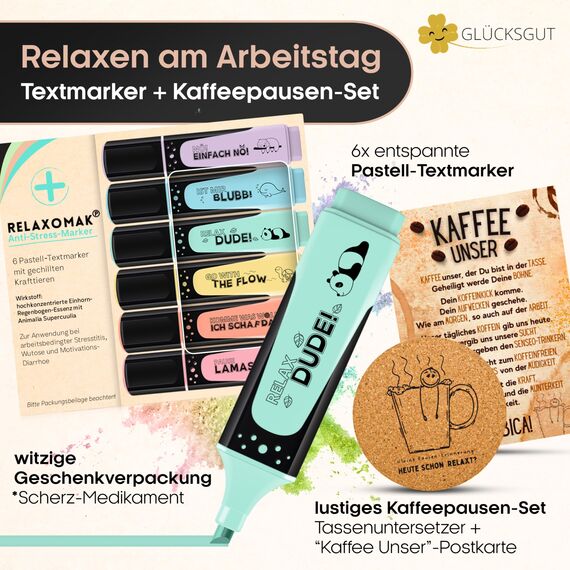 GLÜCKSGUT® Geschenkbox | ERSTE Hilfe für den Job | Lustige Bürobox mit 6 witzigen Helfern | Geschenk Kollegen, Chef, Abschied | Voodoo Puppe, Anti Stress Würfel, Textmarker, Post it´s, Geduldsfaden