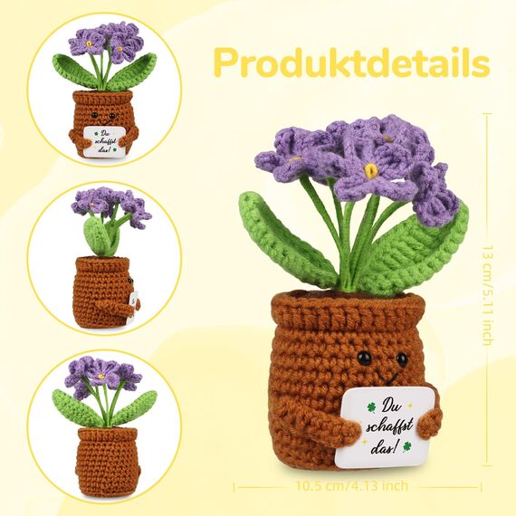 WenmthG Mutmacher Geschenk Gestrickte Lila Blumenpuppe für Kollege Freund Kleiner Glücksbringer Prüfung, Gute Besserung Geschenke, Ermutigung Geschenke Positive Kartoffel Deutsch Ersatz