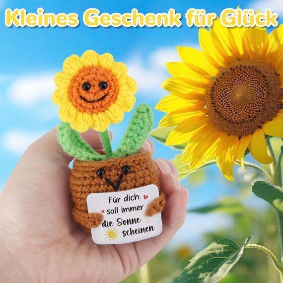 WenmthG Pocket Hug Positive Sonnenblume Glücksbringer MutmacherGeschenk Gute Besserung Geschenk Gehäkelte Sonnenblume zum Weihnachten Geburtstag Ruhestand Abschied Kollegen Freund Familie